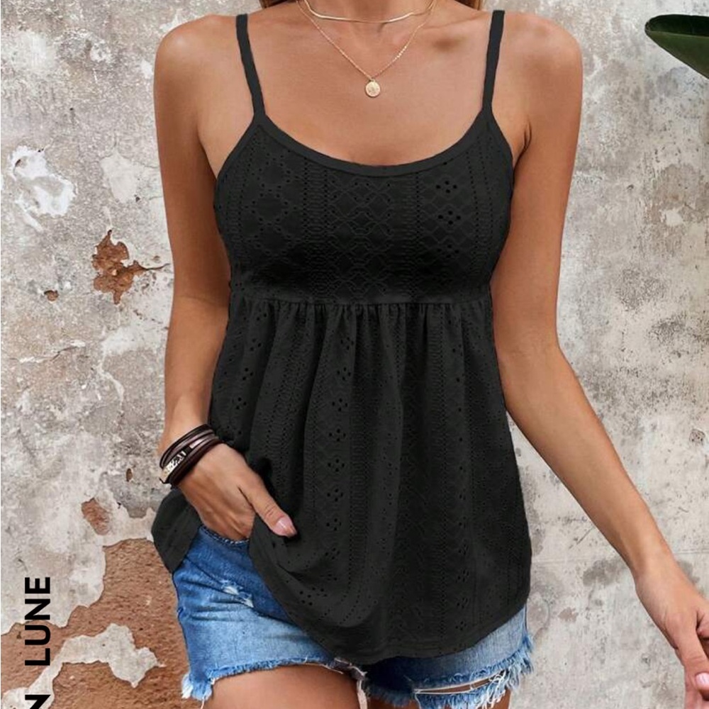 Eyelet Embroidery Black Tank Top